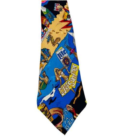 NICOLE MILLER 1993 VINTAGE SUMMER BEACH SURF MILLER BEER SILK TIE 3.75 x 58 in - Picture 2 of 5